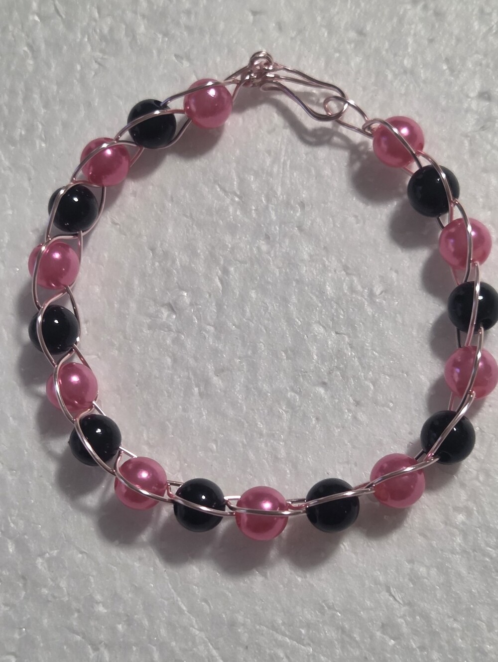 Handcrafted Pink and Black Faux Pearl  Wire Bracelet
